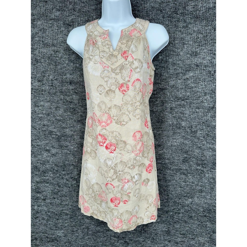 Tommy Bahama‎ Dress Womens XXS Beige Floral Linen V Neck Shift Sundress Beach